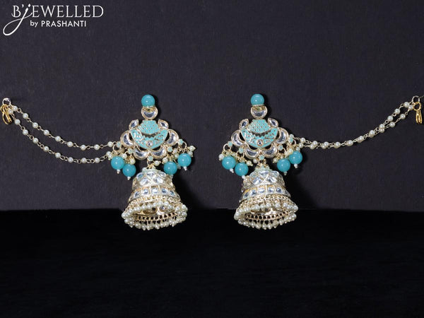 light weight light blue jhumkas with kundan stones and pearl maatal prashanti sarees grande